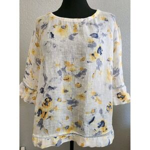 J. Jill Linen Watercolor Floral Gauze 3/4 Sleeve Blouse Top S White Summer Flowy